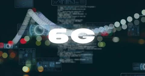 Image of 6g text, data processing and scopes scanning on screens over out of Foto stock