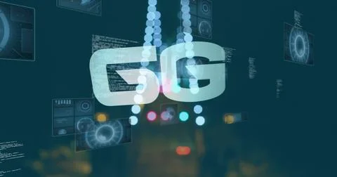 Image of 6g text, data processing and scopes scanning on screens over out of 스톡 사진