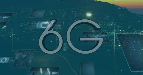 Image of 6g text, data processing and scopes scanning on screens over fast road Foto stock