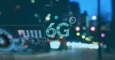 Image of 6g text, data processing and scopes scanning on screens over out of 스톡 사진