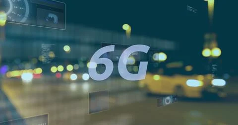 Image of 6g text, data processing and scopes scanning on screens over out of Foto stock