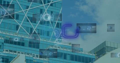 Image of 6g text, data processing and scopes scanning on screens over modern 스톡 사진