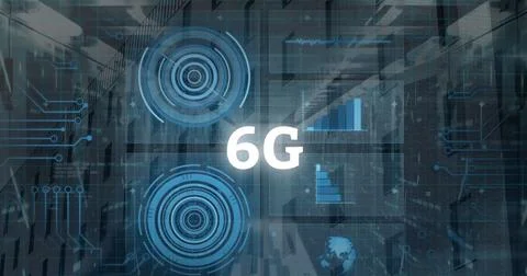 Image of 6g text, data processing over computer servers Stock Photos