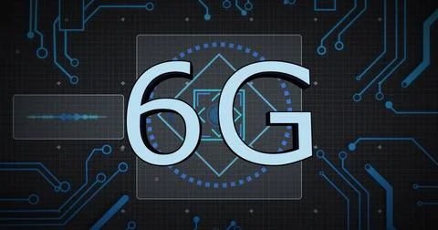 Image of 6g text, digital data processing over computer circuit board Illustrazione stock