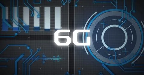 Image of 6g text, digital data processing over computer circuit board イラスト素材