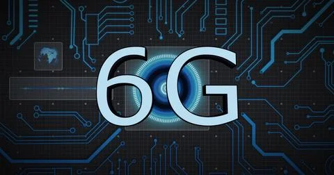 Image of 6g text, digital data processing over computer circuit board Stock Illustration