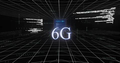 Image of 6g text, digital data processing over black background Stock Illustration