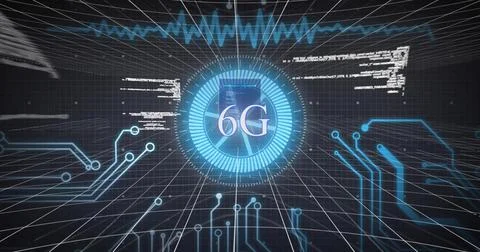 Image of 6g text, digital data processing and circuit board over dark background Stockfoto's