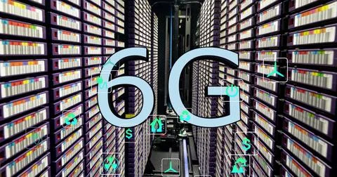 Image of 6g text, digital eco icons and data processing over computer servers Stock Illustration