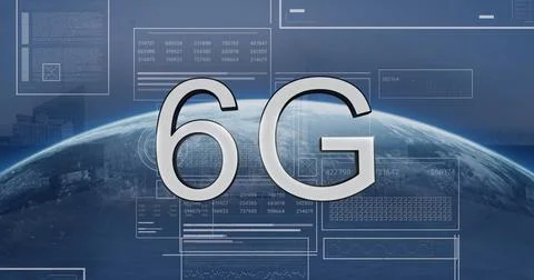 Image of 6g text, globe and computer data processing 스톡 사진