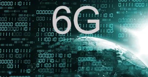 Image of 6g text, globe with binary coding and data processing over dark 스톡 사진