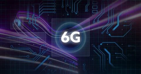 Image of 6g text, globe, circuit board pattern over abstract background Stock Photos