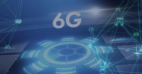 Image of 6g text with glowing interface and a network of media icons moving on 스톡 일러스트