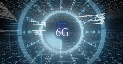 Image of 6g text with glowing interface and information moving on black 스톡 일러스트
