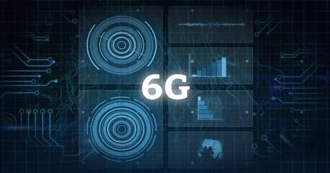 Image of 6g text, graphs, loading circles and circuit board pattern over black Stock Illustration