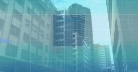 Image of 6g text, interface and blue graph lines moving over modern city Stock Illustration