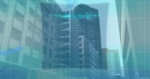 Image of 6g text, interface and blue graph lines moving over modern city Stockillustratie