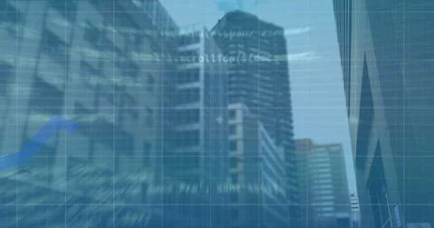 Image of 6g text, interface and blue graph lines moving over modern city Stockillustratie