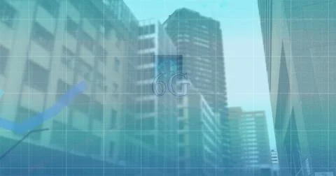 Image of 6g text, interface and blue graph lines moving over modern city Stockillustratie