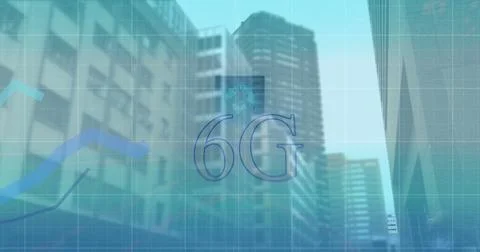 Image of 6g text, interface and blue graph lines moving over modern city Stock Illustration
