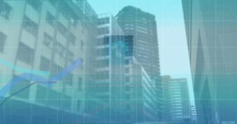 Image of 6g text, interface and blue graph lines moving over modern city Stock Illustration
