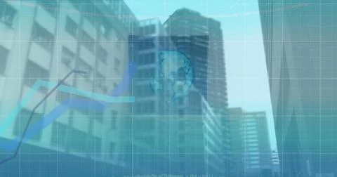 Image of 6g text, interface and blue graph lines moving over modern city Stock Illustration