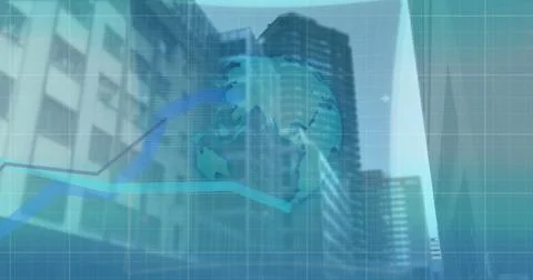 Image of 6g text, interface and blue graph lines moving over modern city Stock Illustration