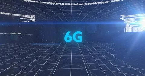 Image of 6g text, light, scanner and processing data on dark background Stock-Illustration