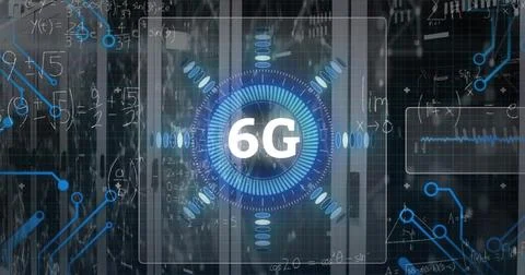Image of 6g text, microprocessor connections and mathematical equations against 写真素材