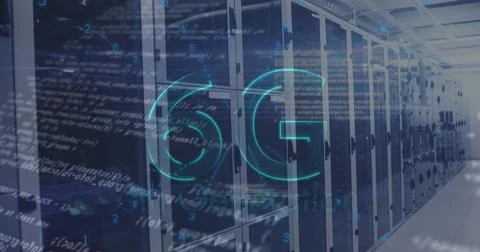 Image of 6g text, numbers, programming language over server room Photos