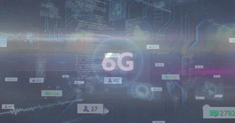 Image of 6g text, online digital icons on banners over cityscape 스톡 일러스트