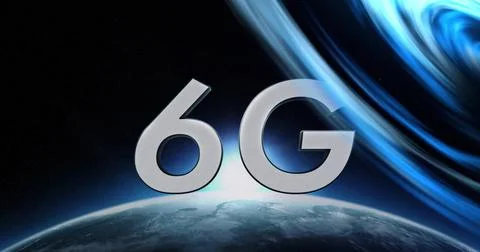 Image of 6g text over blue light trails and globe in background Stock Illustration