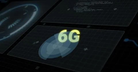 Image of 6g text over charts processing data on black interface Stock Illustration