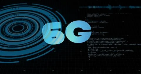 Image of 6g text over circular scanner and data processing on black interface Stockillustratie