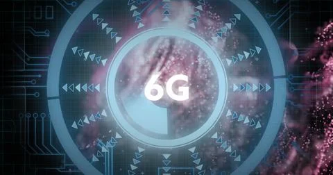 Image of 6g text over clock on glowing moving wave 스톡 일러스트