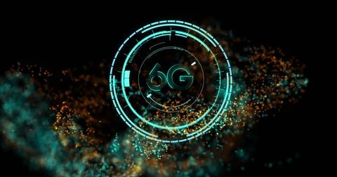 Image of 6g text over clock on glowing moving wave Illustrazione stock