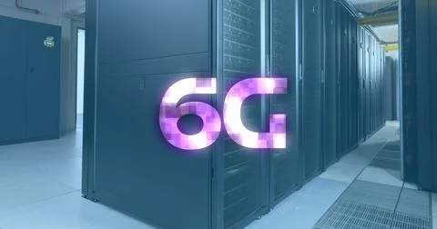 Image of 6g text over data server systems in server room 스톡 일러스트