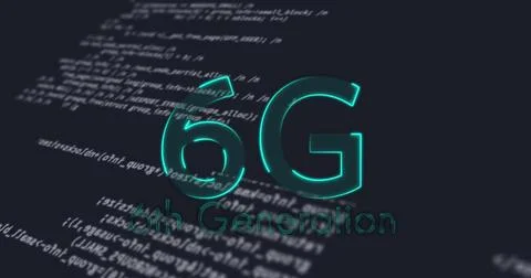 Image of 6g text over data processing on black background Foto stock