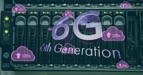 Image of 6g text over data processing and server room 스톡 사진