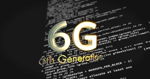 Image of 6g text over data processing on black background Foto stock