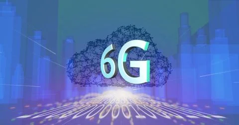 Image of 6g text over data processing and city Foto stock