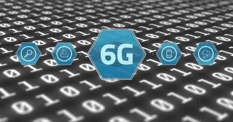 Image of 6g text over data processing and media icons Stock Photos