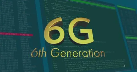 Image of 6g text over data processing on blue background Stock Photos