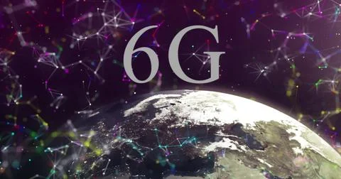 Image of 6g text over globe and network of connections on purple background Illustrazione stock