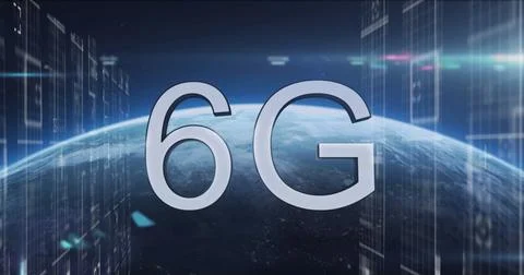 Image of 6g text over globe and data processing Foto stock