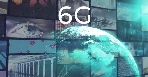Image of 6g text over glowing blue globe and various clips playing on composite Stock Photos