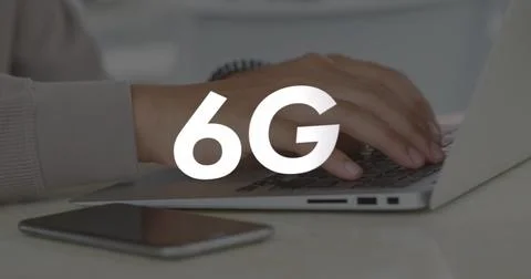 Image of 6g text over hands using laptop Stock Photos