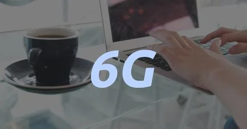 Image of 6g text over hands using laptop Stock Photos
