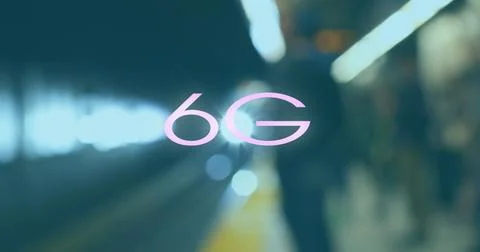 Image of 6g text over out of focus train approaching platform Ilustração Stock