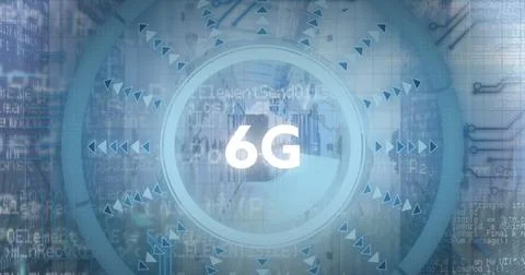 Image of 6g text over round scanner and spinning globe against empty computer 스톡 일러스트